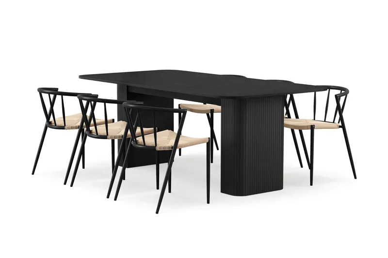 Kopparbo Ruokapöytä 200-260 cm Jatkettava 6 Winston Ruokatuolilla, Musta / Beige / Metallijalat Musta