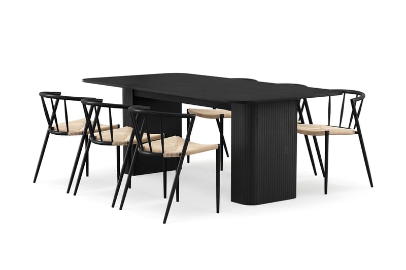 Kopparbo Ruokapöytä 200-260 cm Jatkettava 6 Winston Ruokatuolilla, Musta / Beige / Metallijalat Musta