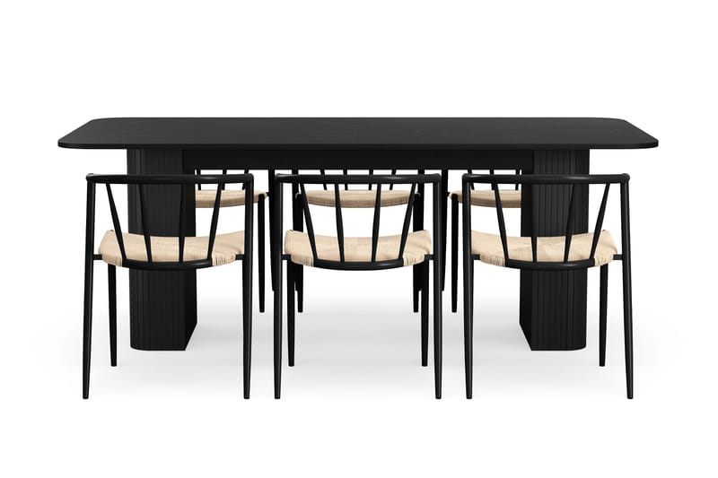 Kopparbo Ruokapöytä 200-260 cm Jatkettava 6 Winston Ruokatuolilla - Musta / Beige / Metallijalat Musta - Huonekalut - Pöytä & ruokailuryhmä - Ruokailuryhmä