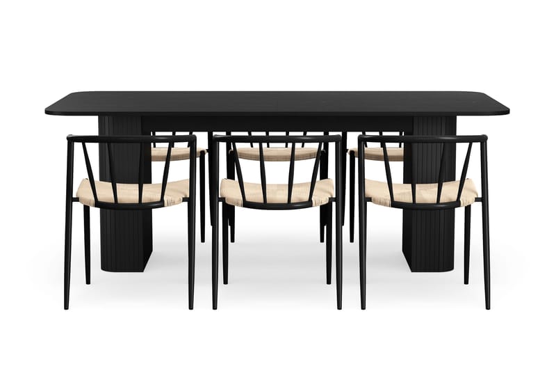 Kopparbo Ruokapöytä 200-260 cm Jatkettava 6 Winston Ruokatuolilla - Musta / Beige / Metallijalat Musta - Huonekalut - Pöytä & ruokailuryhmä - Ruokailuryhmä