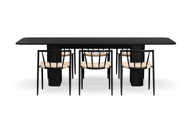 Kopparbo Ruokapöytä 200-260 cm Jatkettava 6 Winston Ruokatuolilla - Musta / Beige / Metallijalat Musta - Huonekalut - Pöytä & ruokailuryhmä - Ruokailuryhmä