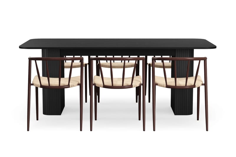 Kopparbo Ruokapöytä 200-260 cm Jatkettava 6 Winston Ruokatuolilla - Musta / Beige / Metallijalat Savutammi - Huonekalut - Pöytä & ruokailuryhmä - Ruokailuryhmä