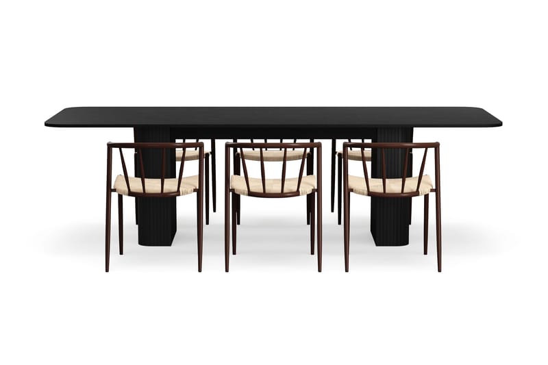 Kopparbo Ruokapöytä 200-260 cm Jatkettava 6 Winston Ruokatuolilla - Musta / Beige / Metallijalat Savutammi - Huonekalut - Pöytä & ruokailuryhmä - Ruokailuryhmä