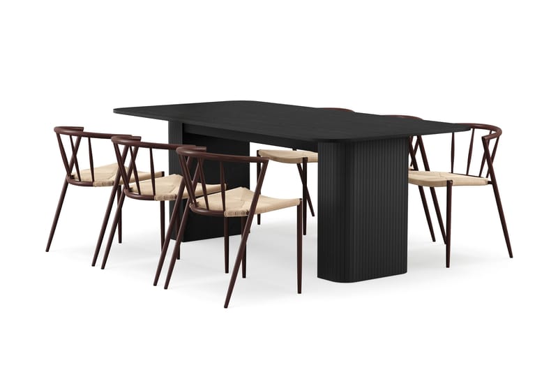 Kopparbo Ruokapöytä 200-260 cm Jatkettava 6 Winston Ruokatuolilla, Musta / Beige / Metallijalat Savutammi