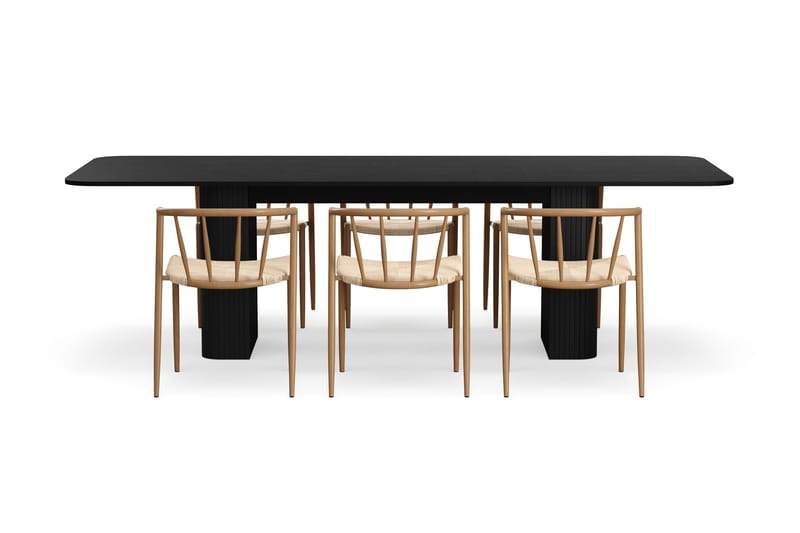 Kopparbo Ruokapöytä 200-260 cm Jatkettava 6 Winston Ruokatuolilla - Musta / Beige / Metallijalat Tammi - Huonekalut - Pöytä & ruokailuryhmä - Ruokailuryhmä