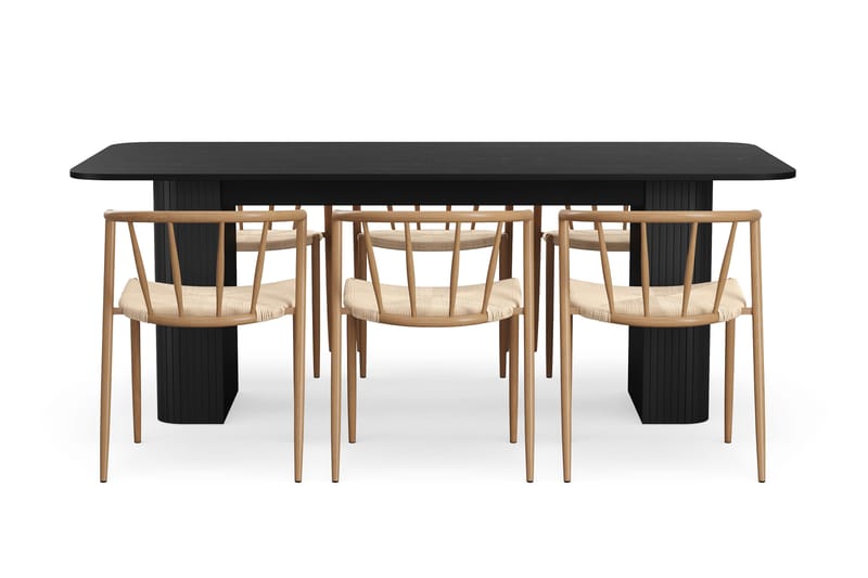 Kopparbo Ruokapöytä 200-260 cm Jatkettava 6 Winston Ruokatuolilla - Musta / Beige / Metallijalat Tammi - Huonekalut - Pöytä & ruokailuryhmä - Ruokailuryhmä