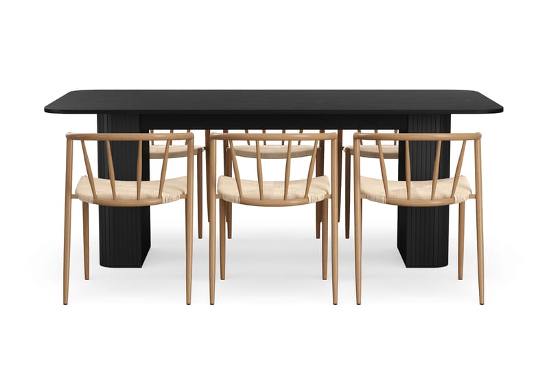 Kopparbo Ruokapöytä 200-260 cm Jatkettava 6 Winston Ruokatuolilla - Musta / Beige / Metallijalat Tammi - Huonekalut - Pöytä & ruokailuryhmä - Ruokailuryhmä