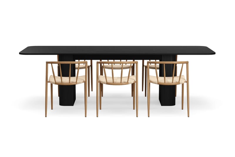 Kopparbo Ruokapöytä 200-260 cm Jatkettava 6 Winston Ruokatuolilla - Musta / Beige / Metallijalat Tammi - Huonekalut - Pöytä & ruokailuryhmä - Ruokailuryhmä