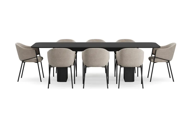 Kopparbo Ruokapöytä 200-260 cm Jatkettava 8 Filip Ruokatuolilla - Musta / Taupe Bouclé - Huonekalut - Pöytä & ruokailuryhmä - Ruokailuryhmä