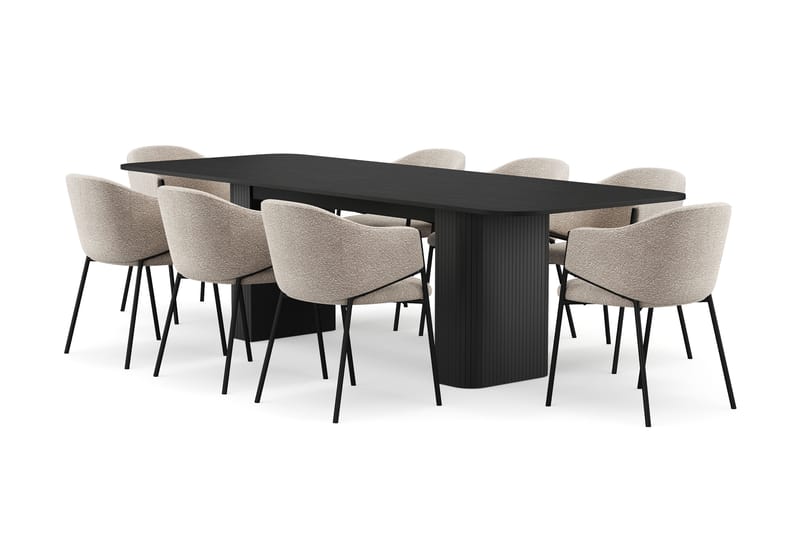 Kopparbo Ruokapöytä 200-260 cm Jatkettava 8 Filip Ruokatuolilla, Musta / Taupe Bouclé