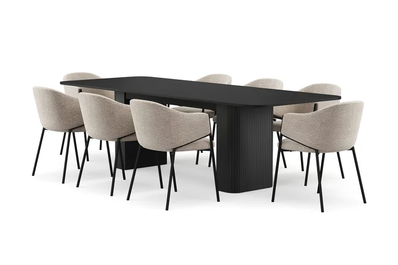 Kopparbo Ruokapöytä 200-260 cm Jatkettava 8 Filip Ruokatuolilla, Musta / Taupe Bouclé