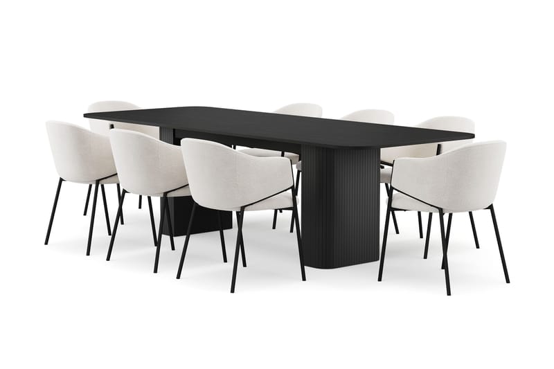 Kopparbo Ruokapöytä 200-260 cm Jatkettava 8 Filip Ruokatuolilla, Musta / Valkoinen Bouclé