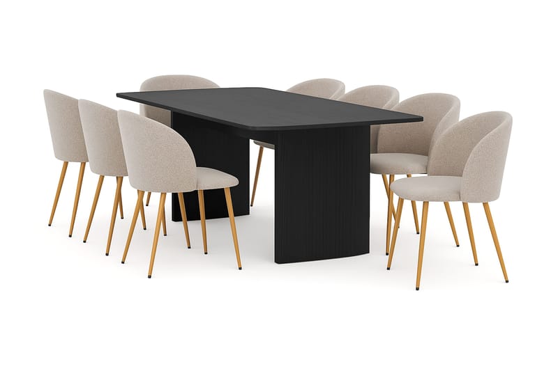 Kopparbo Ruokapöytä 200-260 cm Jatkettava 8 Greya Ruokatuolia käsinojilla, Musta / Greige Bouclé / Metallijalat Tammi