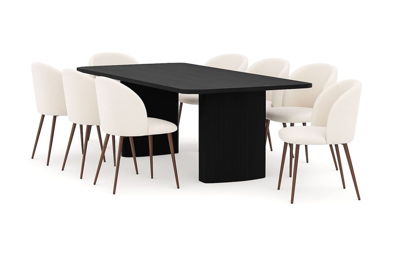 Kopparbo Ruokapöytä 200-260 cm Jatkettava 8 Greya Ruokatuolia käsinojilla, Musta / Valkoinen Bouclé / Metallijalat Pähkinä