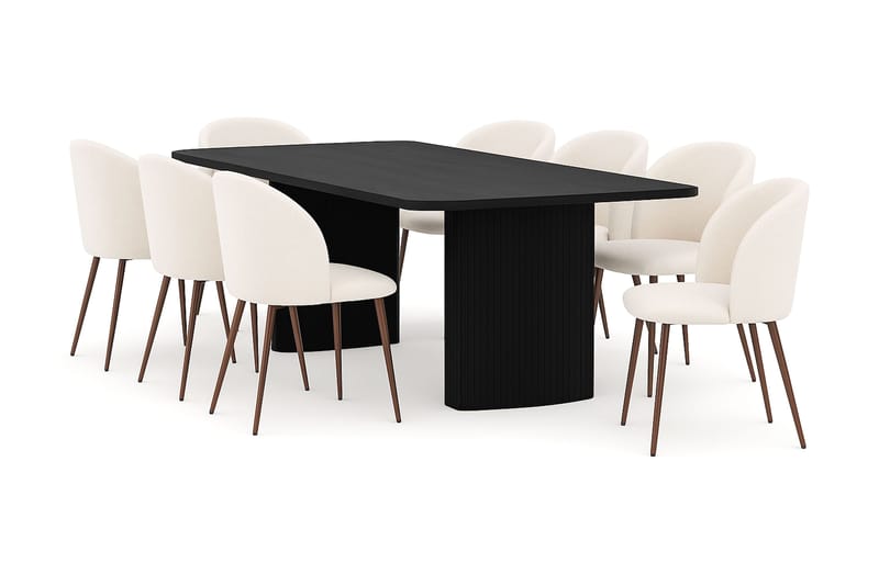 Kopparbo Ruokapöytä 200-260 cm Jatkettava 8 Greya Ruokatuolia käsinojilla, Musta / Valkoinen Bouclé / Metallijalat Pähkinä