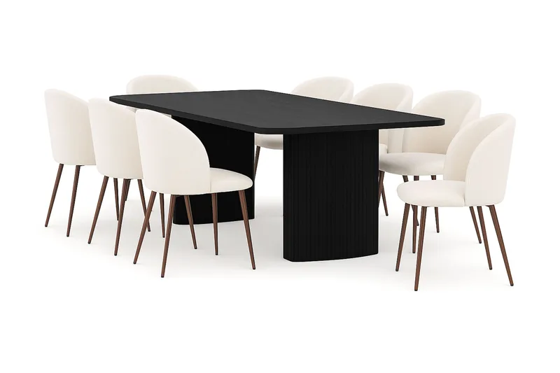 Kopparbo Ruokapöytä 200-260 cm Jatkettava 8 Greya Ruokatuolia käsinojilla, Musta / Valkoinen Bouclé / Metallijalat Pähkinä