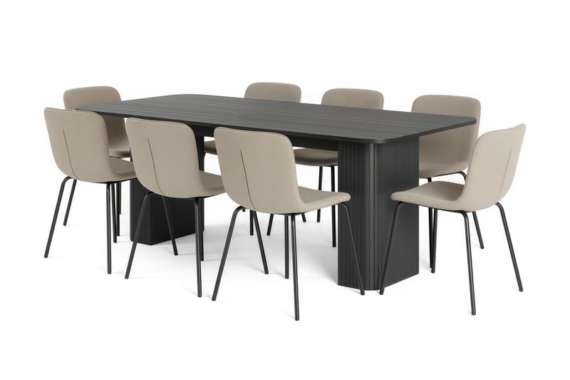 Kopparbo Ruokapöytä 200-260 cm Jatkettava 8 Katy Ruokatuolilla, Musta / Greige Bouclé / Metallijalat Musta