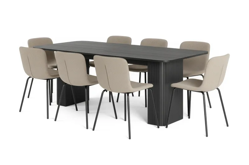 Kopparbo Ruokapöytä 200-260 cm Jatkettava 8 Katy Ruokatuolilla, Musta / Greige Bouclé / Metallijalat Musta