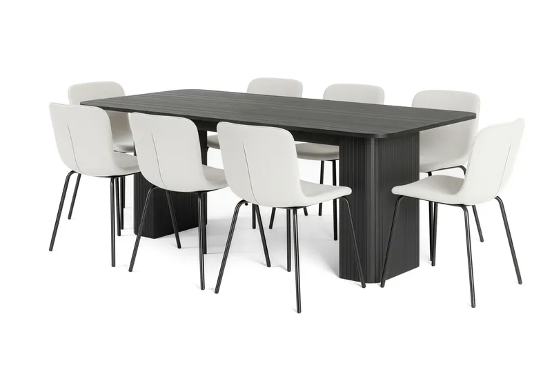 Kopparbo Ruokapöytä 200-260 cm Jatkettava 8 Katy Ruokatuolilla, Musta / Valkoinen Bouclé / Metallijalat Musta