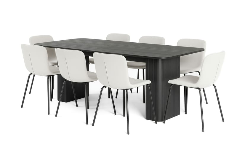 Kopparbo Ruokapöytä 200-260 cm Jatkettava 8 Katy Ruokatuolilla, Musta / Valkoinen Bouclé / Metallijalat Musta