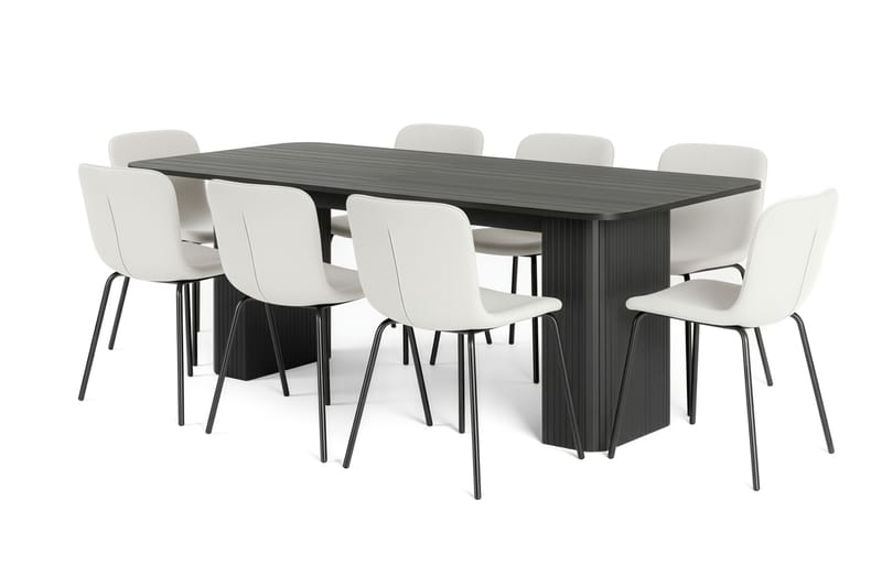 Kopparbo Ruokapöytä 200-260 cm Jatkettava 8 Katy Ruokatuolilla, Musta / Valkoinen Bouclé / Metallijalat Musta