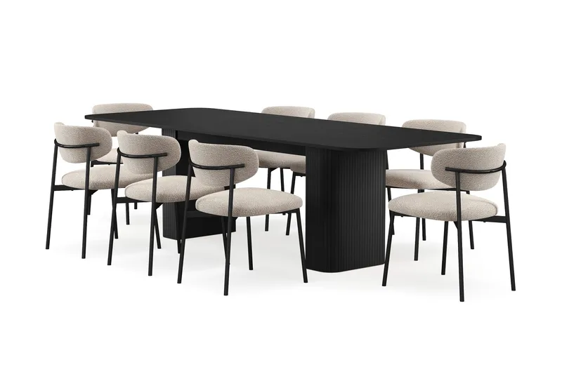 Kopparbo Ruokapöytä 200-260 cm Jatkettava 8 Lucy Ruokatuolilla, Musta / Greige Bouclé / Metallijalat Musta