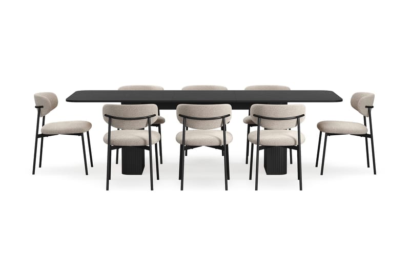 Kopparbo Ruokapöytä 200-260 cm Jatkettava 8 Lucy Ruokatuolilla - Musta / Greige Bouclé / Metallijalat Musta - Huonekalut - Pöytä & ruokailuryhmä - Ruokailuryhmä
