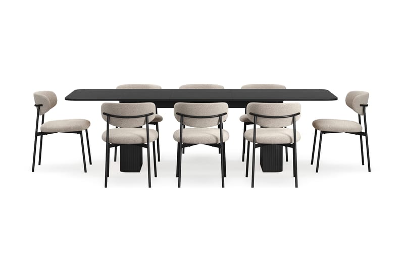 Kopparbo Ruokapöytä 200-260 cm Jatkettava 8 Lucy Ruokatuolilla - Musta / Greige Bouclé / Metallijalat Musta - Huonekalut - Pöytä & ruokailuryhmä - Ruokailuryhmä
