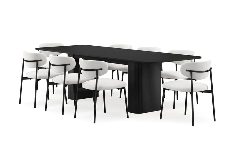 Kopparbo Ruokapöytä 200-260 cm Jatkettava 8 Lucy Ruokatuolilla, Musta / Valkoinen Bouclé / Metallijalat Musta