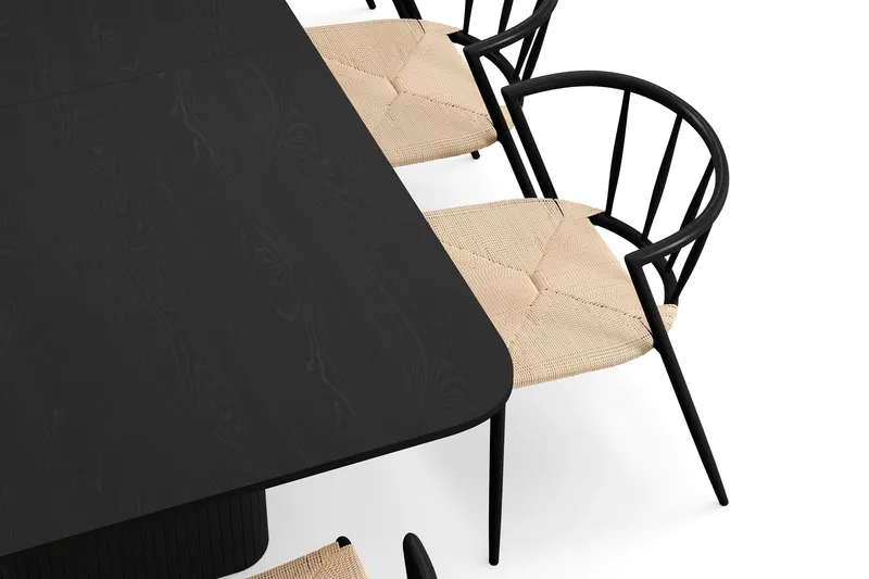 Kopparbo Ruokapöytä 200-260 cm Jatkettava 8 Winston Ruokatuolilla - Musta / Beige / Metallijalat Musta - Huonekalut - Pöytä & ruokailuryhmä - Ruokailuryhmä