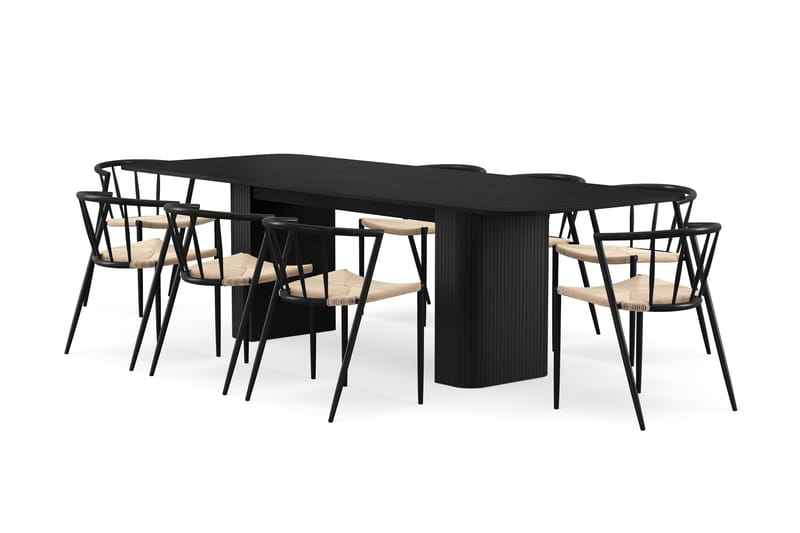 Kopparbo Ruokapöytä 200-260 cm Jatkettava 8 Winston Ruokatuolilla, Musta / Beige / Metallijalat Musta