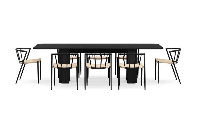Kopparbo Ruokapöytä 200-260 cm Jatkettava 8 Winston Ruokatuolilla - Musta / Beige / Metallijalat Musta - Huonekalut - Pöytä & ruokailuryhmä - Ruokailuryhmä