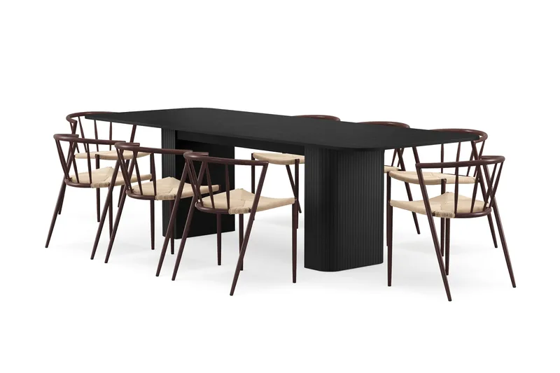 Kopparbo Ruokapöytä 200-260 cm Jatkettava 8 Winston Ruokatuolilla, Musta / Beige / Metallijalat Savutammi