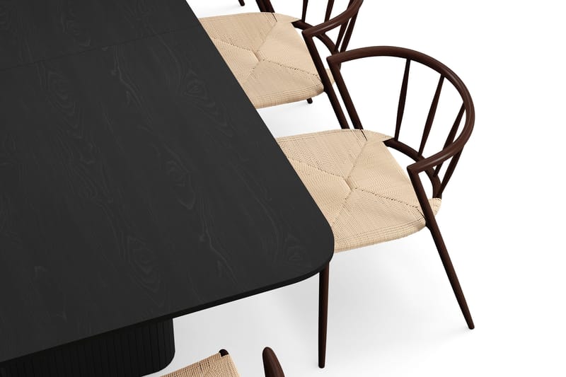 Kopparbo Ruokapöytä 200-260 cm Jatkettava 8 Winston Ruokatuolilla - Musta / Beige / Metallijalat Savutammi - Huonekalut - Pöytä & ruokailuryhmä - Ruokailuryhmä