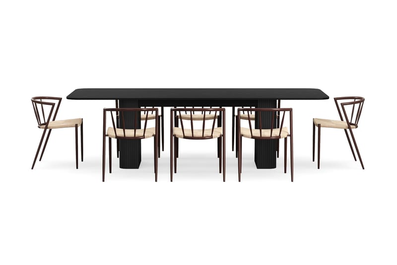 Kopparbo Ruokapöytä 200-260 cm Jatkettava 8 Winston Ruokatuolilla - Musta / Beige / Metallijalat Savutammi - Huonekalut - Pöytä & ruokailuryhmä - Ruokailuryhmä