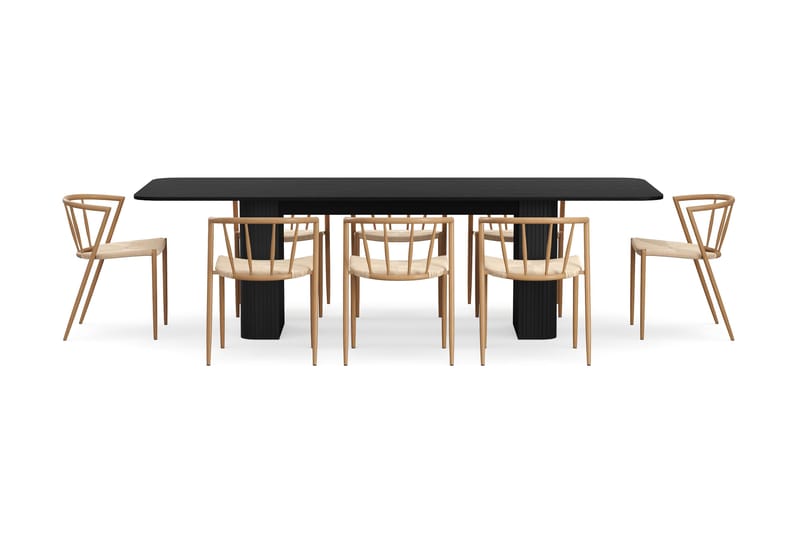 Kopparbo Ruokapöytä 200-260 cm Jatkettava 8 Winston Ruokatuolilla - Musta / Beige / Metallijalat Tammi - Huonekalut - Pöytä & ruokailuryhmä - Ruokailuryhmä