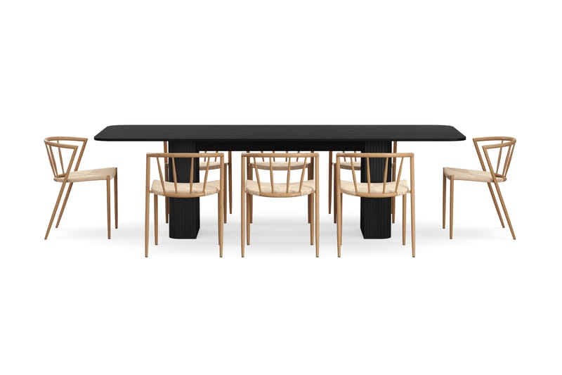Kopparbo Ruokapöytä 200-260 cm Jatkettava 8 Winston Ruokatuolilla - Musta / Beige / Metallijalat Tammi - Huonekalut - Pöytä & ruokailuryhmä - Ruokailuryhmä