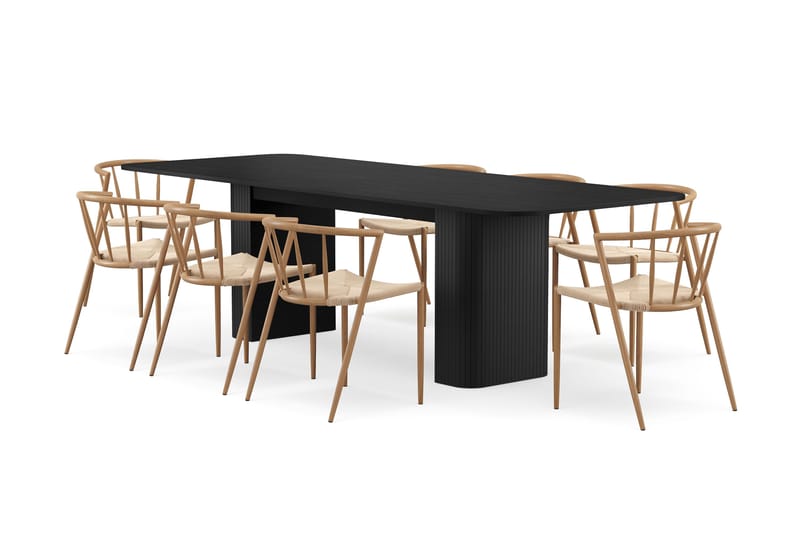 Kopparbo Ruokapöytä 200-260 cm Jatkettava 8 Winston Ruokatuolilla, Musta / Beige / Metallijalat Tammi
