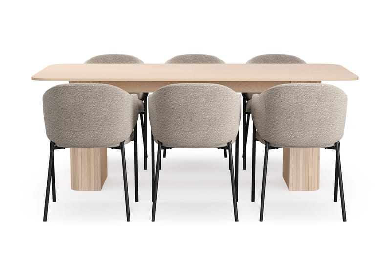 Kopparbo Ruokapöytä 200-260 cm Jatkettava lisälevyllä 6 Filip Ruokatuolilla - Valkoinen / Taupe Bouclé - Huonekalut - Pöytä & ruokailuryhmä - Ruokailuryhmä