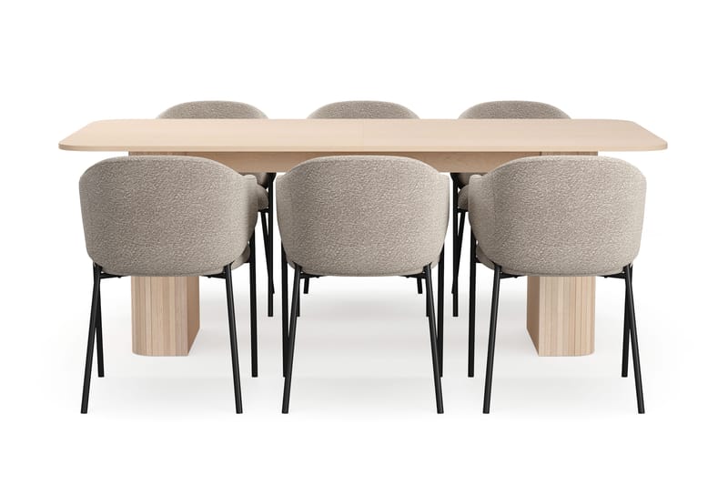 Kopparbo Ruokapöytä 200-260 cm Jatkettava lisälevyllä 6 Filip Ruokatuolilla - Valkoinen / Taupe Bouclé - Huonekalut - Pöytä & ruokailuryhmä - Ruokailuryhmä