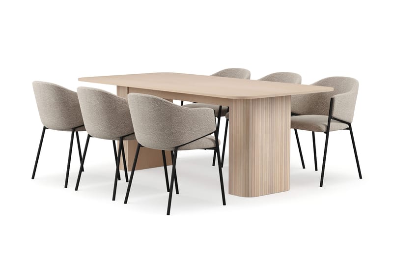 Kopparbo Ruokapöytä 200-260 cm Jatkettava lisälevyllä 6 Filip Ruokatuolilla, Valkoinen / Taupe Bouclé