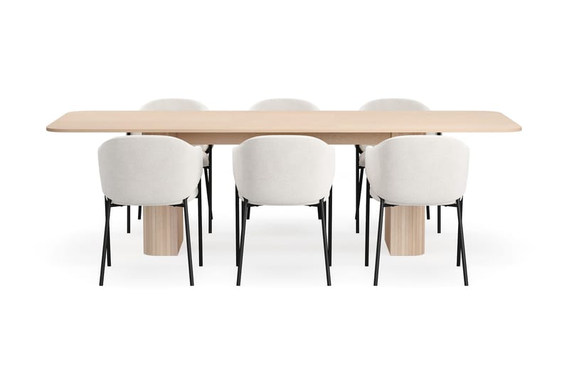 Kopparbo Ruokapöytä 200-260 cm Jatkettava lisälevyllä 6 Filip Ruokatuolilla - Valkoinen / Valkoinen Bouclé - Huonekalut - Pöytä & ruokailuryhmä - Ruokailuryhmä