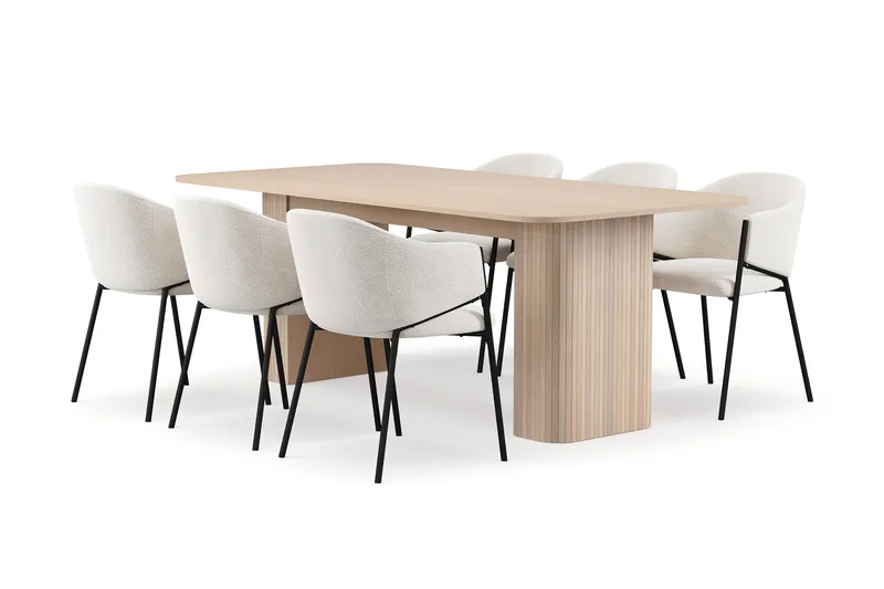 Kopparbo Ruokapöytä 200-260 cm Jatkettava lisälevyllä 6 Filip Ruokatuolilla, Valkoinen / Valkoinen Bouclé