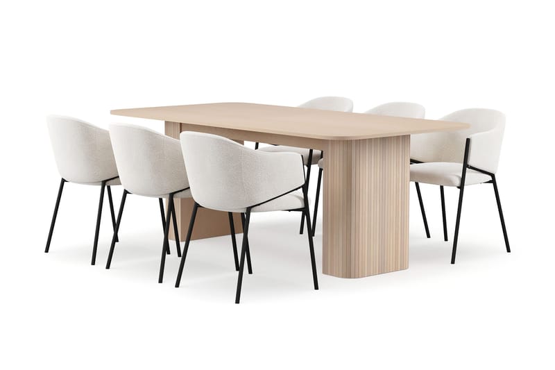 Kopparbo Ruokapöytä 200-260 cm Jatkettava lisälevyllä 6 Filip Ruokatuolilla - Valkoinen / Valkoinen Bouclé - Huonekalut - Pöytä & ruokailuryhmä - Ruokailuryhmä