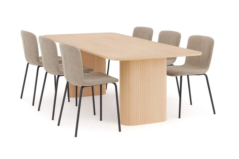 Kopparbo Ruokapöytä 200-260 cm Jatkettava lisälevyllä 6 Katy Ruokatuolilla, Valkoinen / Greige Bouclé / Metallijalat Musta