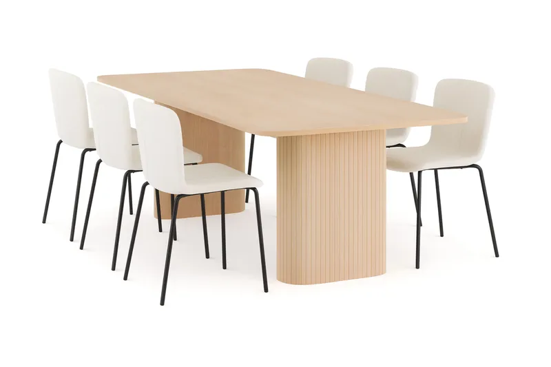 Kopparbo Ruokapöytä 200-260 cm Jatkettava lisälevyllä 6 Katy Ruokatuolilla, Valkoinen / Valkoinen Bouclé / Metallijalat Musta