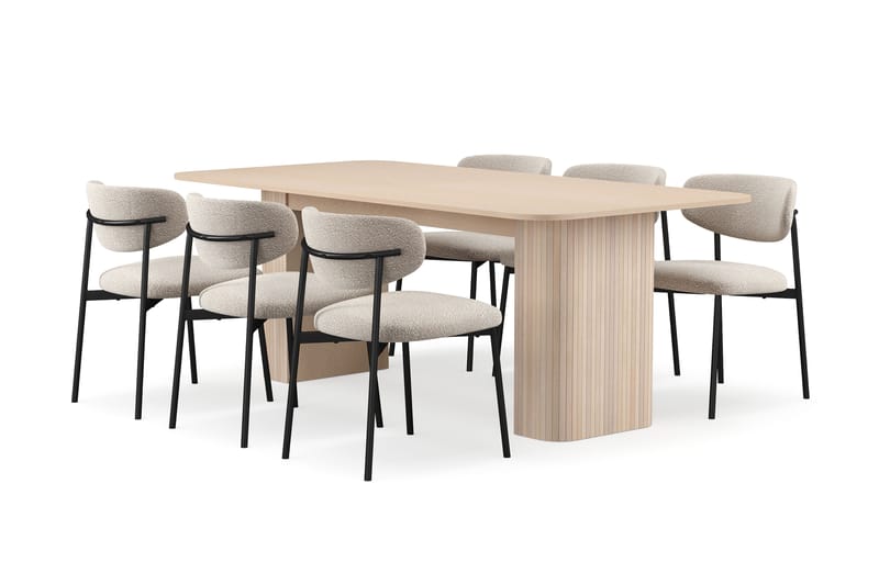 Kopparbo Ruokapöytä 200-260 cm Jatkettava lisälevyllä 6 Lucy Ruokatuolilla, Valkoinen / Greige Bouclé / Metallijalat Musta