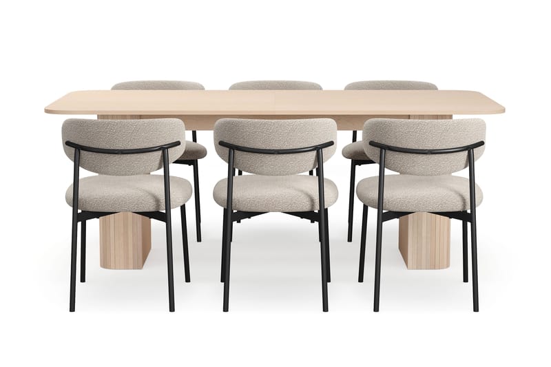 Kopparbo Ruokapöytä 200-260 cm Jatkettava lisälevyllä 6 Lucy Ruokatuolilla - Valkoinen / Greige Bouclé / Metallijalat Musta - Huonekalut - Pöytä & ruokailuryhmä - Ruokailuryhmä