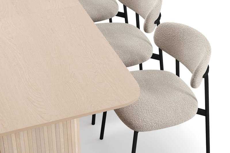 Kopparbo Ruokapöytä 200-260 cm Jatkettava lisälevyllä 6 Lucy Ruokatuolilla - Valkoinen / Greige Bouclé / Metallijalat Musta - Huonekalut - Pöytä & ruokailuryhmä - Ruokailuryhmä