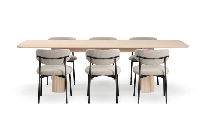 Kopparbo Ruokapöytä 200-260 cm Jatkettava lisälevyllä 6 Lucy Ruokatuolilla - Valkoinen / Greige Bouclé / Metallijalat Musta - Huonekalut - Pöytä & ruokailuryhmä - Ruokailuryhmä